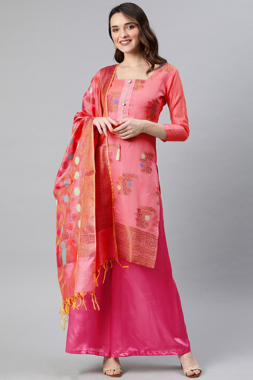 Woven Zari Silk Salmon Pink Palazzo Suit