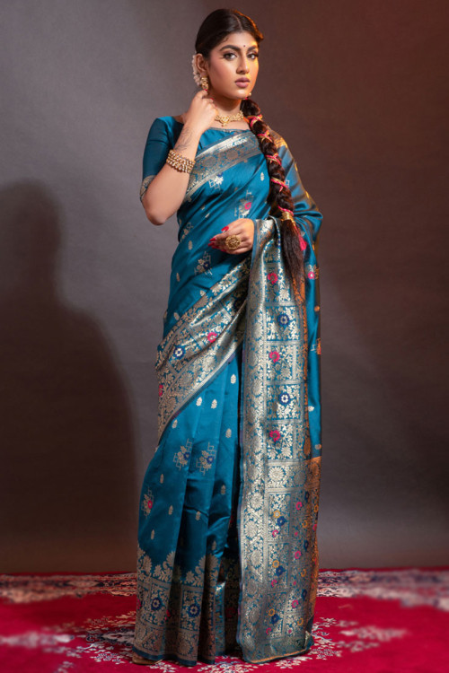 Sky Blue Silk Woven Zari Wedding Saree