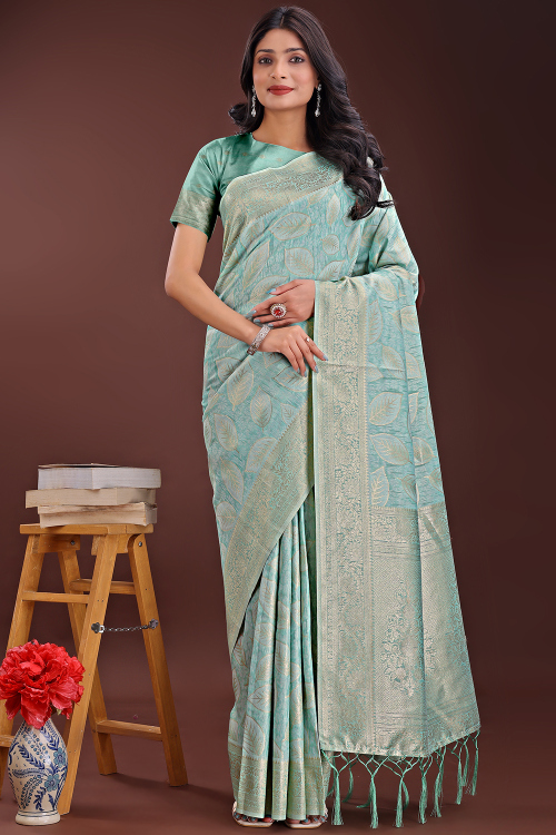 Woven Zari Silk Seafoam Green Festival Wear Saree