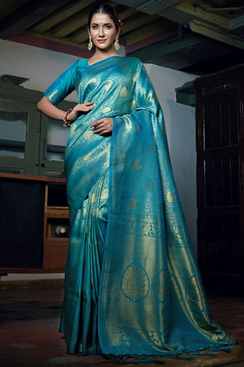 Silk Saree with Weaved Thread Work in Teal Blue for Wedding 