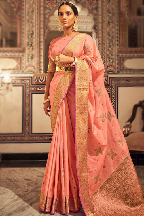 Peach Color Silk Fabric Party Wear Saree | Saree designs, Saree, Party wear  sarees