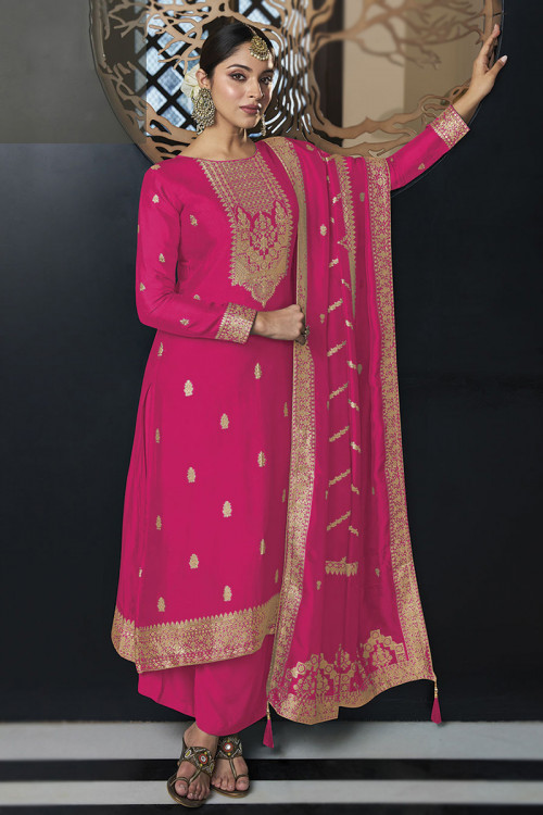 Woven Zari Viscose Silk Hot Pink Straight Cut Palazzo Suit 