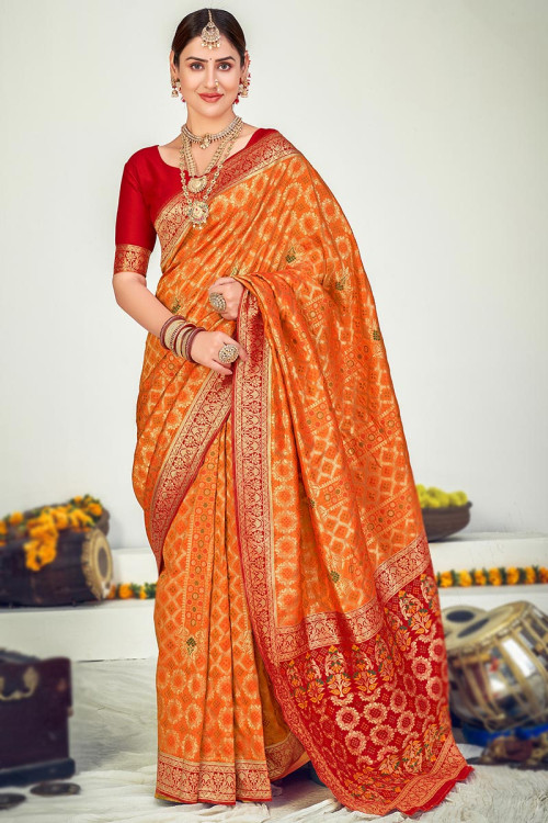 Net Bridal Saree in Orange with Moti work | Stylish sarees, Saree designs,  Fancy sarees