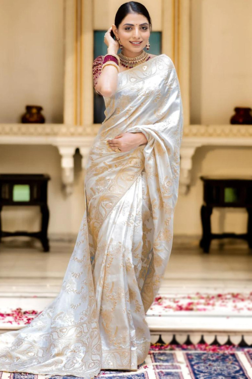 Woven Zari White Banarasi Style Silk Saree