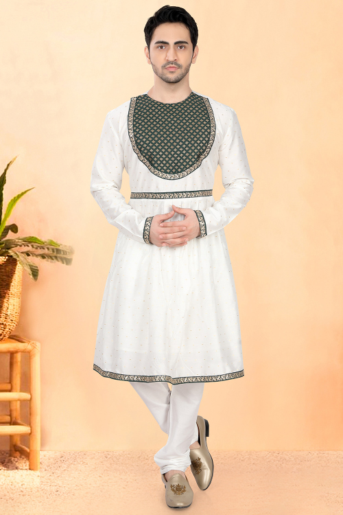 Woven Zari White Peshwai Style Men’s Kurta Churidar