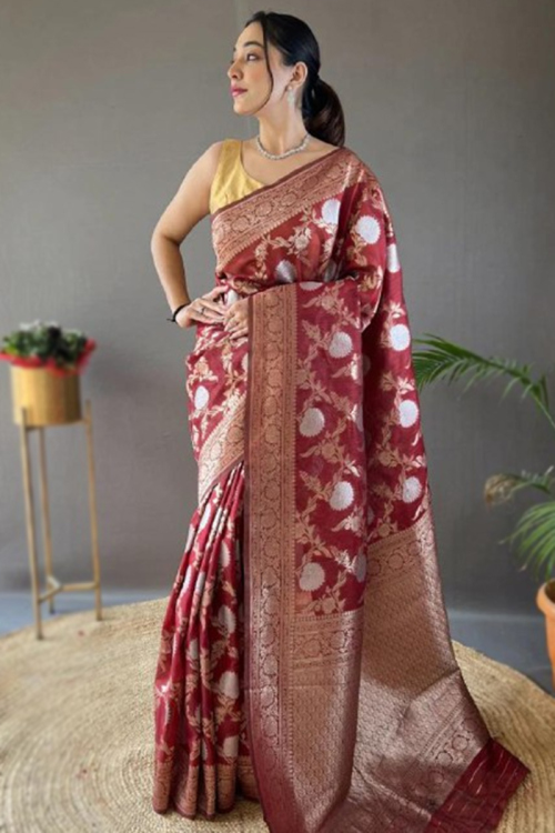 Woven Zari Wine Maroon Silk Broad Border Saree