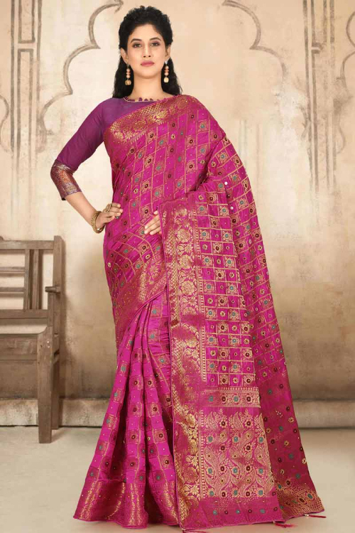Woven Zari Soft Silk In Magenta Pink Saree