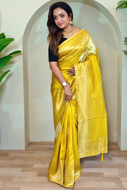 Woven Zari Yellow Silk Blend Traditional Saree