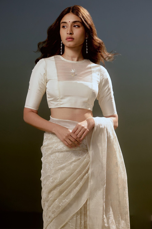Off-White Silk Resham Thread Embroidered Blouse