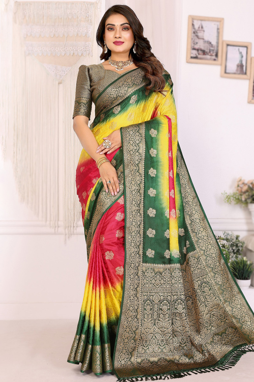 Yellow Art Silk Broad Border Saree With Printed Work