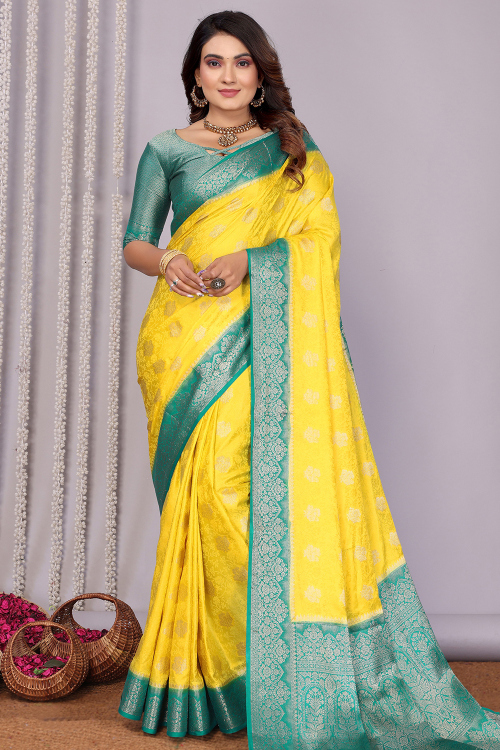 Yellow Art Silk Broad Border Saree With Weaved Work