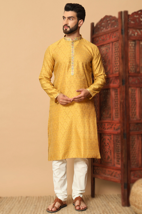 Yellow Art Silk Men's Kurta Pajama With Weaved Work