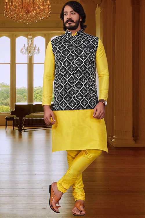 Buy Jacket Style Yellow Punjabi Kurta Pajama Online for Men in USA