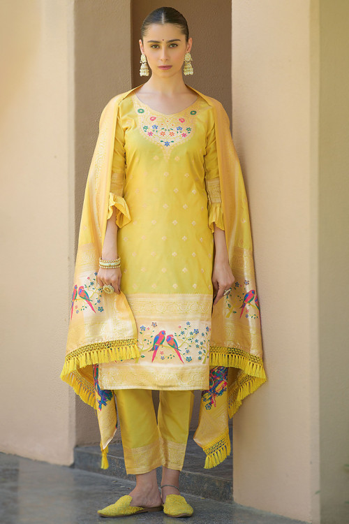 Attractive Gold Silk Sherwani with Banarasi Brocade Jacket and Maroon Art  Silk Trousers
