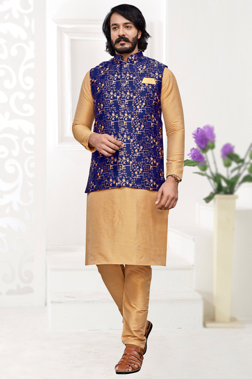 Jacket Style Men Kurta Pajama in Art Silk Beige for Sangeet