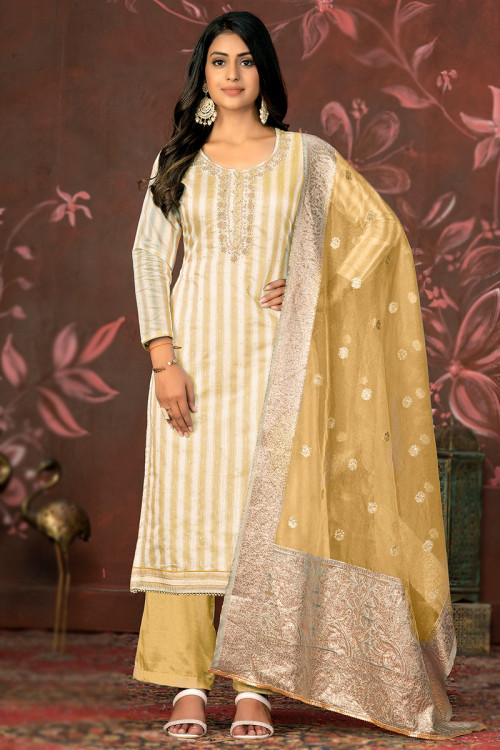 Yellow Beige Printed Cotton Straight Cut Trouser Suit