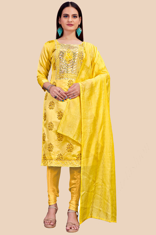 Yellow Straight Cut Party Wear Churidar Suit in Chanderi
