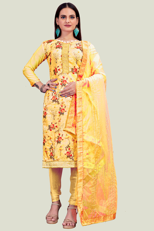 Thread Work Yellow Churidar Suit in Chanderi for Party 