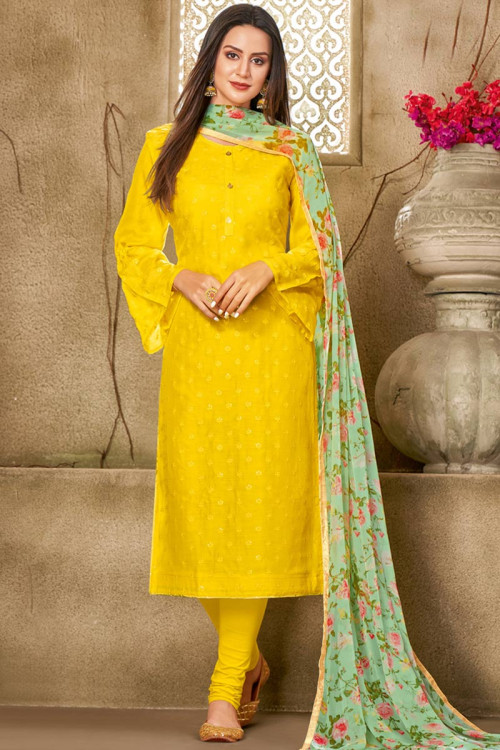 Yellow Chanderi Cotton Churidar Suit