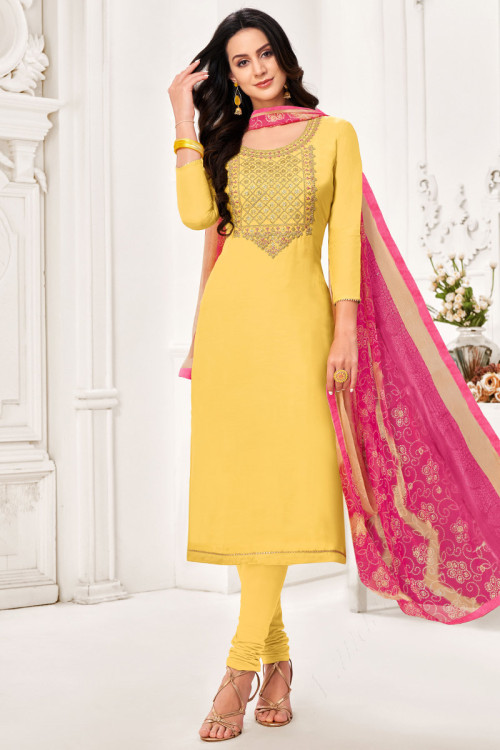 Churidar Suit Chanderi Cotton Yellow with Thread Work for Party 