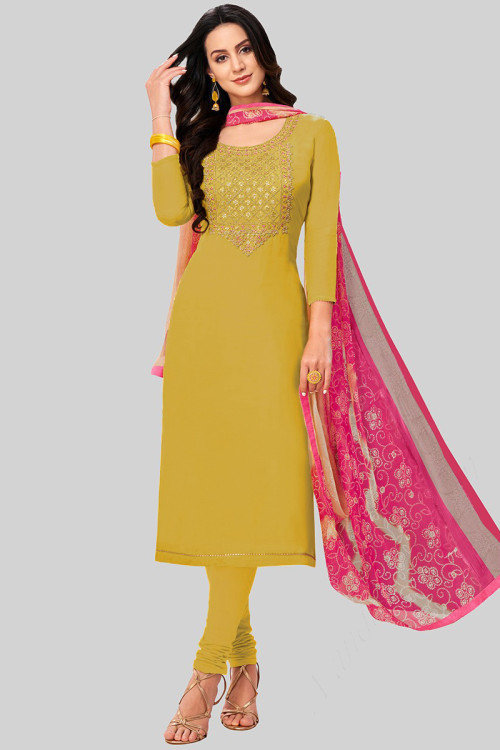 Churidar Suit in Chanderi Cotton Yellow for Casual Wear