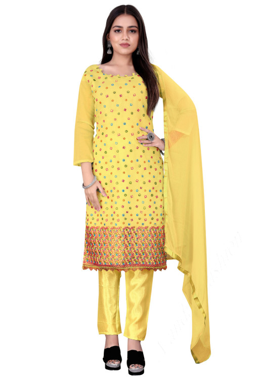 Yellow Chanderi Cotton Straight Cut Trouser Suit with Thread Work