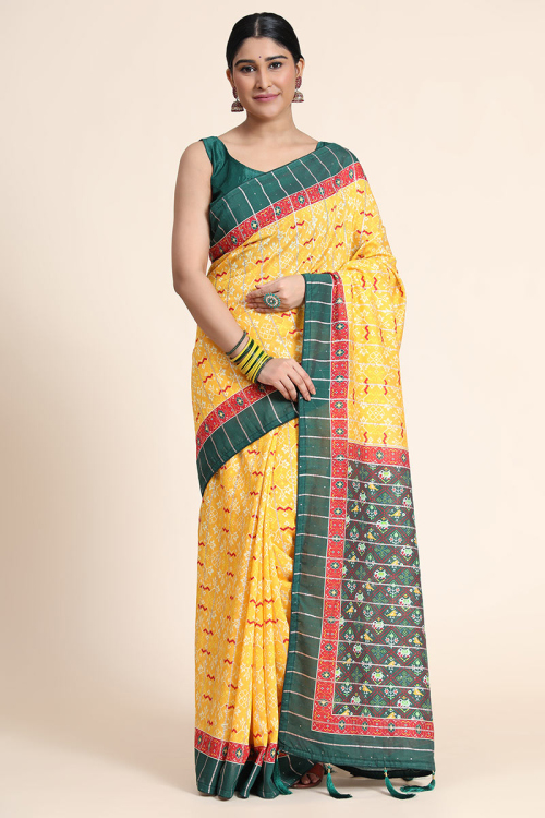 Yellow Chanderi Cotton Printed Saree