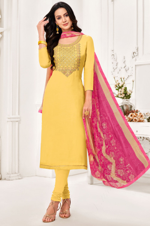 Yellow Chanderi Cotton Straight Cut Indian Churidar Suit