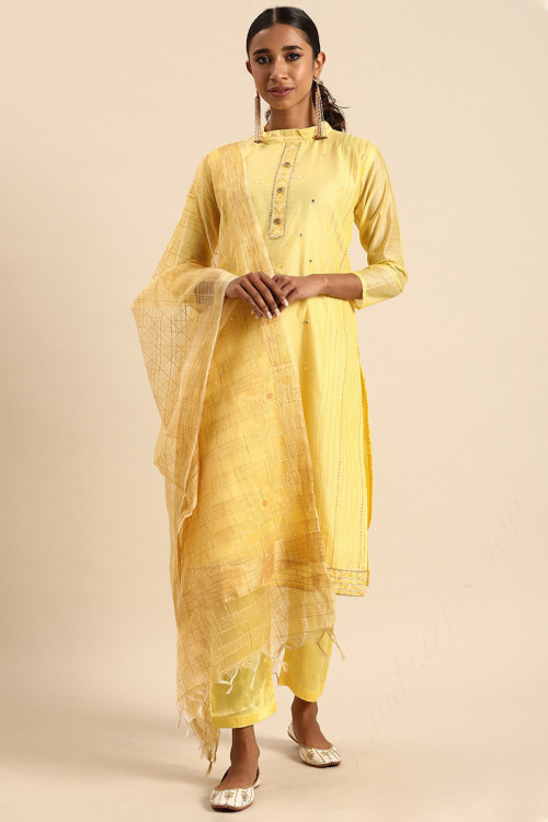 Yellow Chanderi Silk Embroidered Indian Trouser Suit