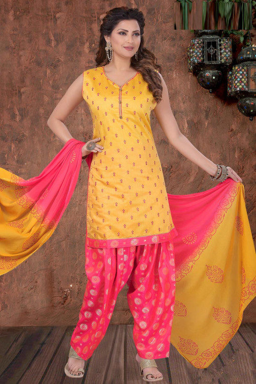 Yellow Chanderi Straight Cut Patiala Suit
