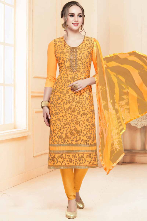 Luxurious Cotton Churidar Suit In Yellow Color 