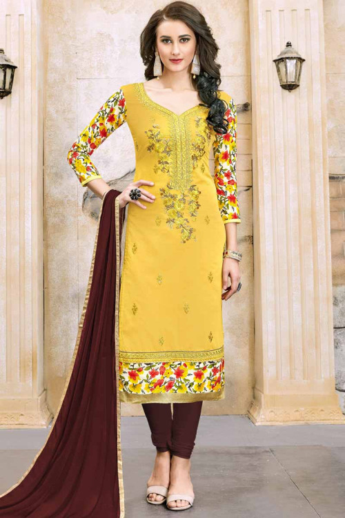 Yellow Cotton Embroidered Churidar Suit
