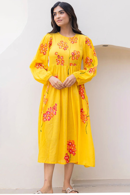 Yellow Cotton A Line Printed Casual Wear Kurti