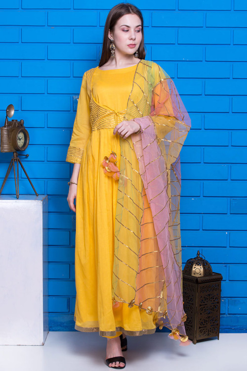 Yellow Cotton Anarkali Suit With Straight Pant