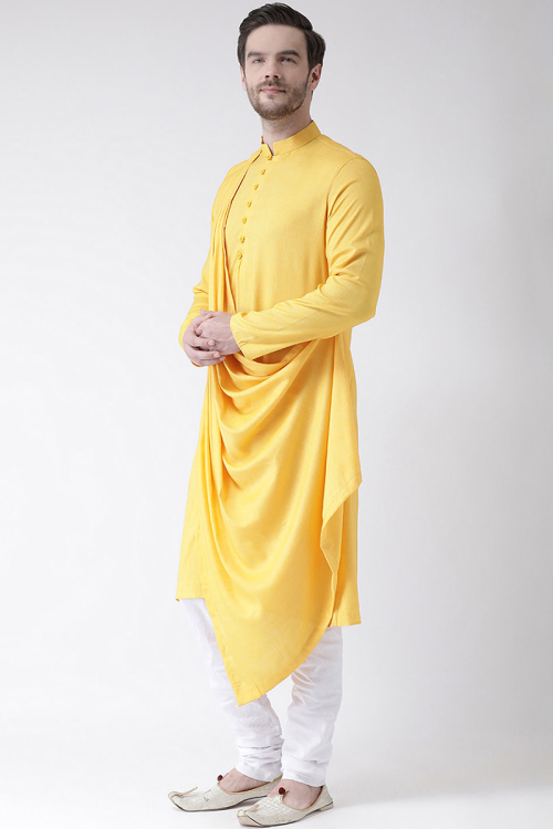 Yellow Cotton Blend Churidar Men Kurta 