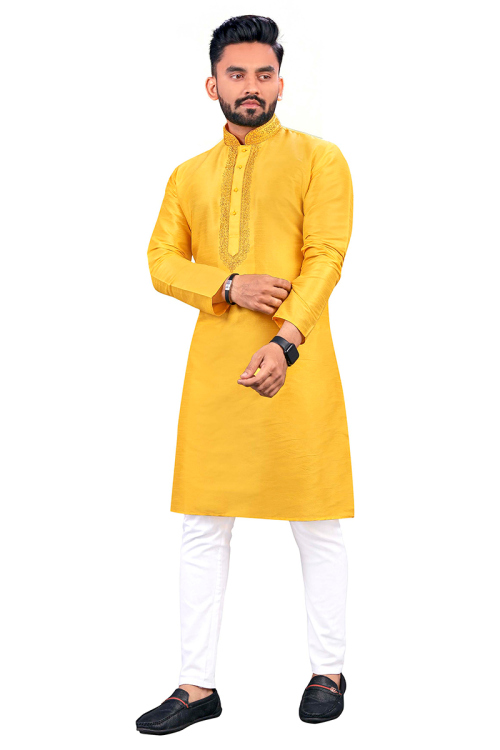 Yellow Cotton Dori Embroidered Straight Cut Men's Kurta 