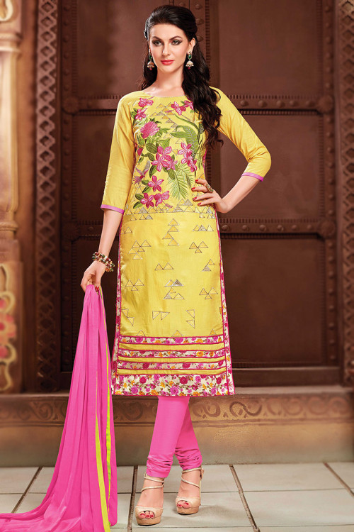 Yellow Straight Cut Cotton Churidar Suit for Party 