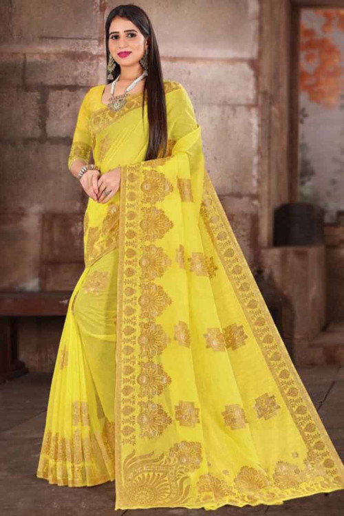 Yellow Traditional Wedding Wear Saree in Cotton