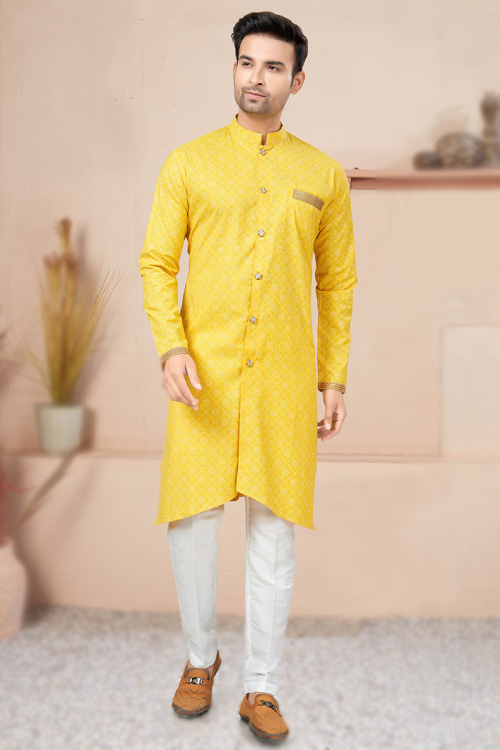 Yellow Cotton Printed Indo-Western Men's Sherwani for Haldi