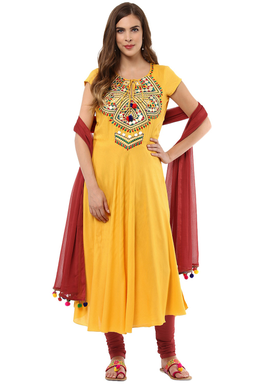 Yellow Cotton Rayon Ready to Wear Churidar Suit with Faux Mirror Work For Festival