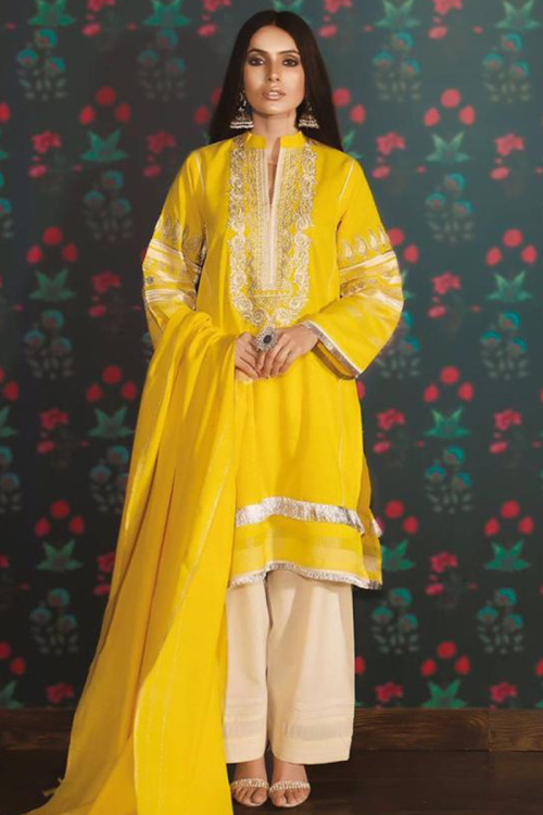 Cotton Silk Yellow Resham Embroidered Party Wear Trouser Suit