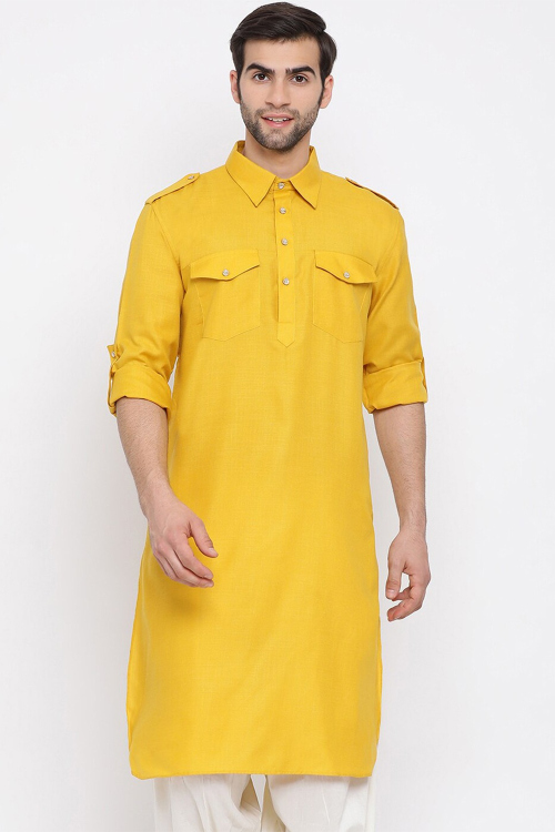 Yellow Cotton Silk Men's Kurta Chuidar For Festival