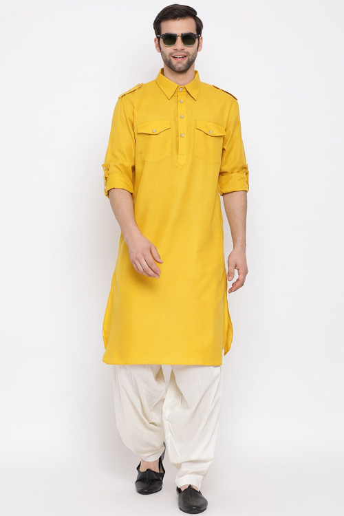 Yellow Cotton Silk Men's Kurta Salwar With Resham Thread Work