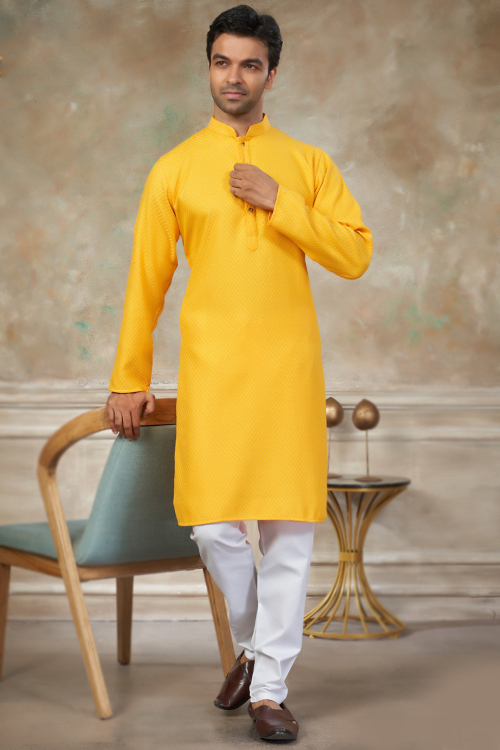 Yellow Cotton Weaved Thread Men's Kurta Pajama 