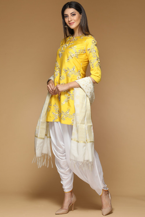 Yellow Taffeta Silk Patiala Suit With Zari Work
