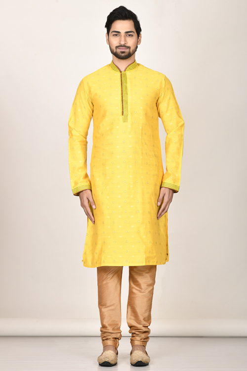 Bright Yellow Dupion Silk Men Kurta With Beige Churidar