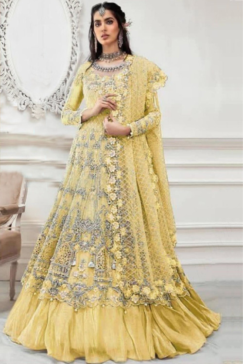 Yellow Heavy Embroidered Net Anarkali Suit