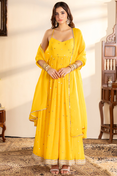 Yellow Georgette Anarkali Suit with Sequins for Haldi