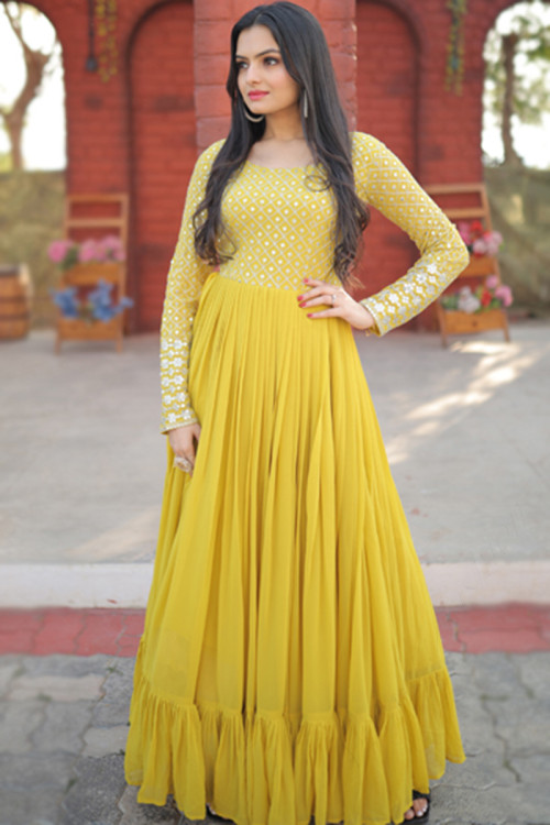 Yellow Georgette Churidar Gown
