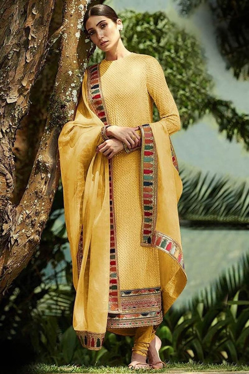 Yellow Georgette Embroidered Churidar Suit for Eid